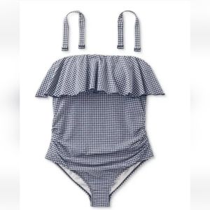 Kona Sol Ruffle Gingham One Piece Swimsuit Strapless Blue Check Woman Plus 16W